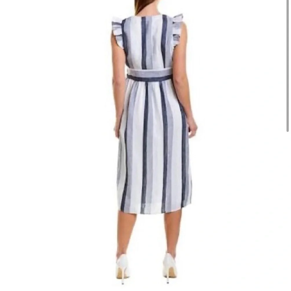 J. Crew Pointe Sur Button-front linen midi dress in faded indigo stripe Size 00 - Picture 3 of 6
